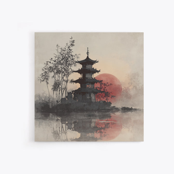 Pagoda Silhouette at Sunset Framed Canvas Print, Asian Inspired Art, Statement Artwork, Living Room Decor, Fine Art, Harmony, ASI-1x1-83