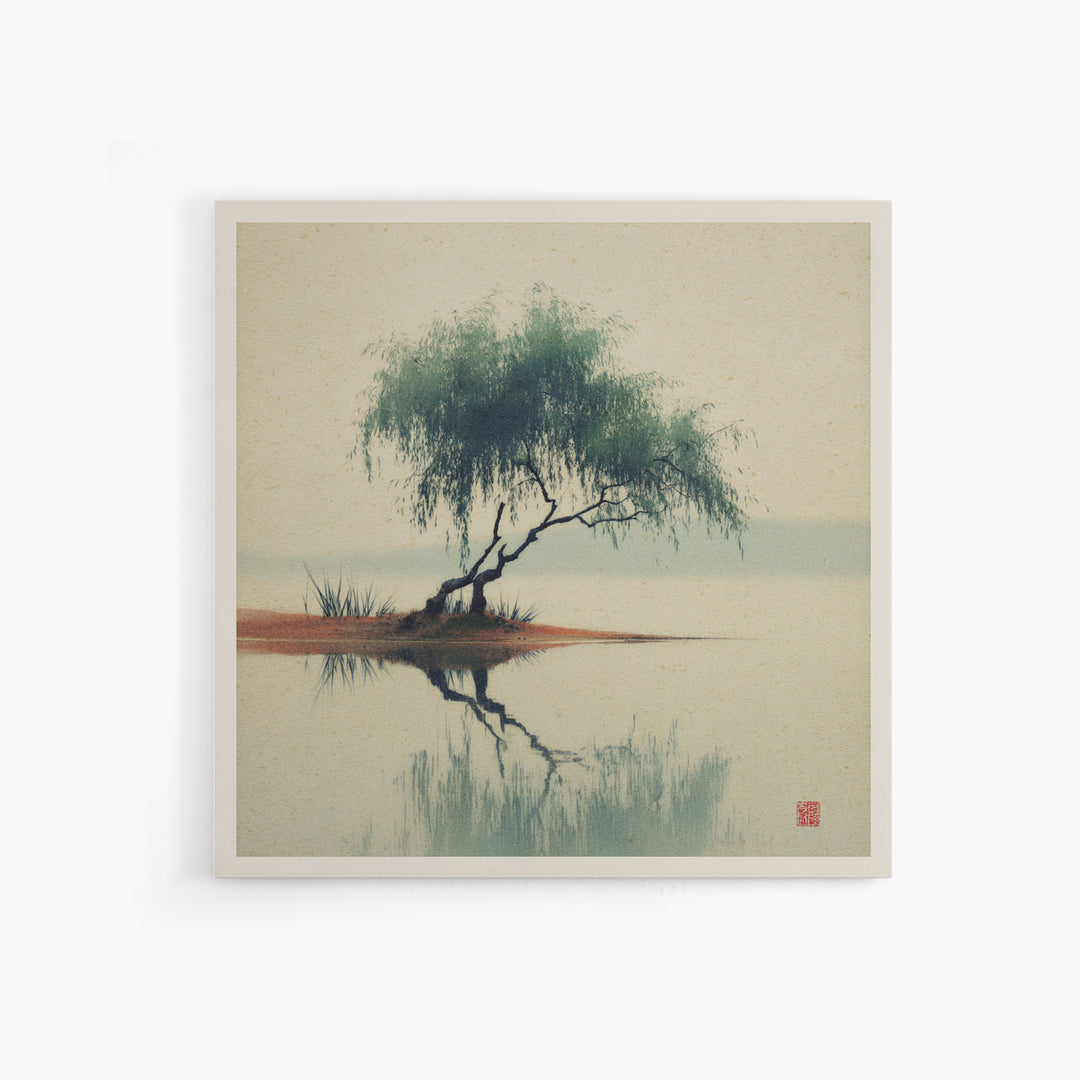 Willow Tree over a Reflective Pond Canvas Print, Asian Inspired Art, Spiritual Wall Art, Living Room Decor, Fine Art, Harmony, ASI-1x1-90