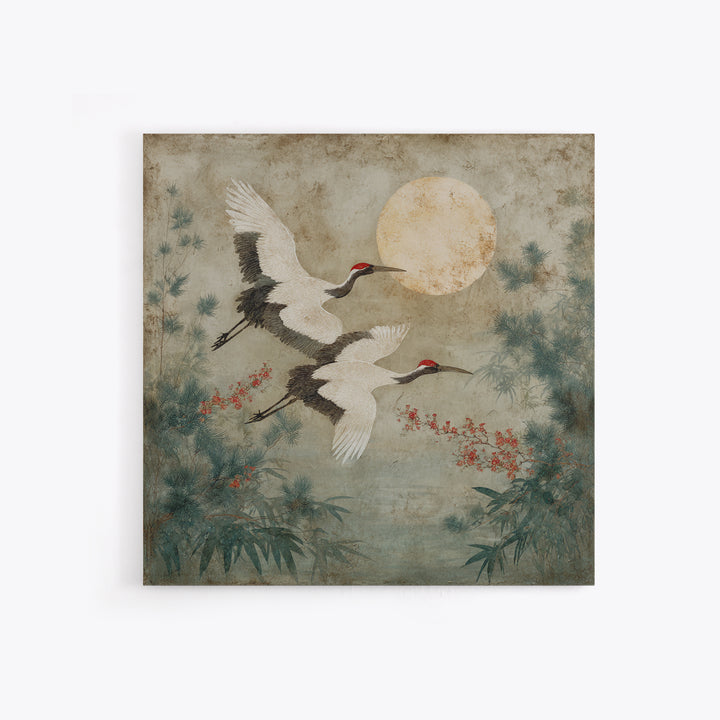 Red Crowned Cranes Flying Through Misty Pine Canvas Print, Asian Inspired Art, Wall Art, Living Room Decor, Oil Painting, ASI-1x1-97