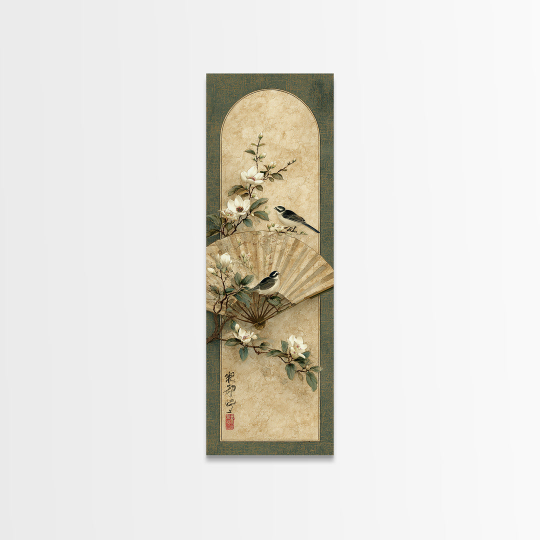 Fan Shaped Composition of Blossoms and Birds Canvas Print, Asian Inspired Art, Modern Decor, Living Room Decor, Harmony, ASI-1x3-29