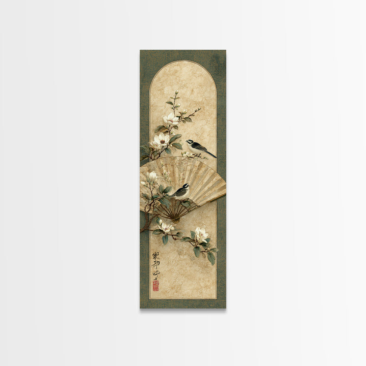 Fan Shaped Composition of Blossoms and Birds Canvas Print, Asian Inspired Art, Modern Decor, Living Room Decor, Harmony, ASI-1x3-29