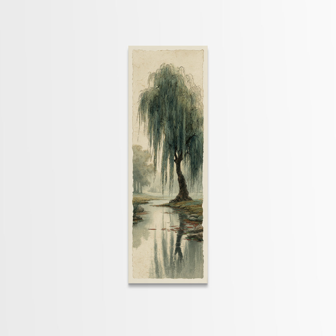 Willow Tree over a Reflective Pond Canvas Print, Asian Inspired Art, Asian Wall Art, Living Room Decor, Fine Art, Harmony, ASI-1x3-78