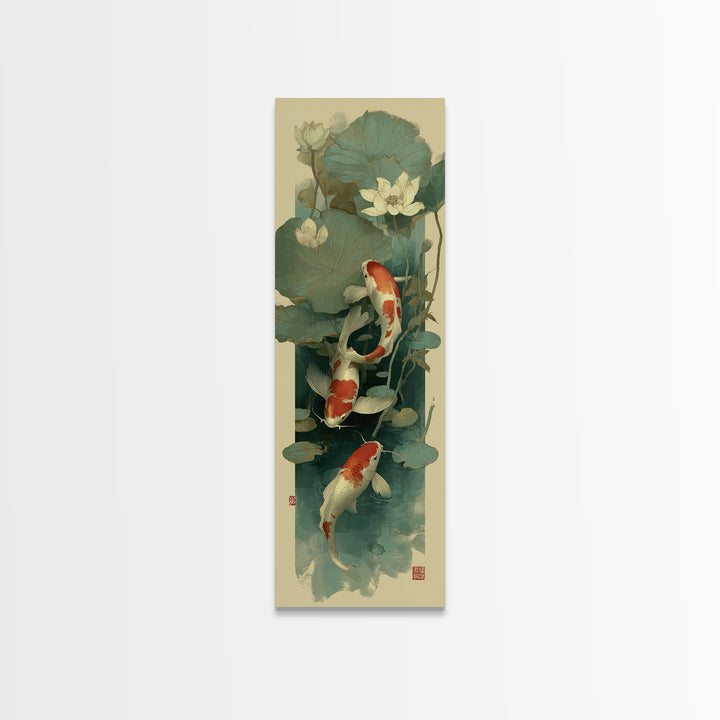 Koi Fish Circling Beneath Floating Lotus Blossoms Canvas Print, Asian Inspired Art, Luxury Decor, Living Room Decor, Harmony, ASI-1x3-86