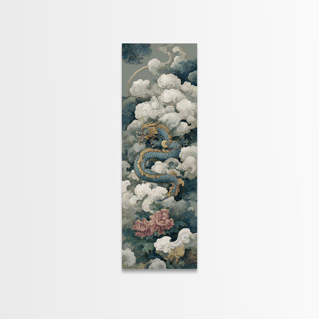 Dragon Curling Through Clouds Canvas Print, Asian Inspired Art, Spiritual Wall Art, Living Room Decor, Oil Painting, Harmony, ASI-1x3-97
