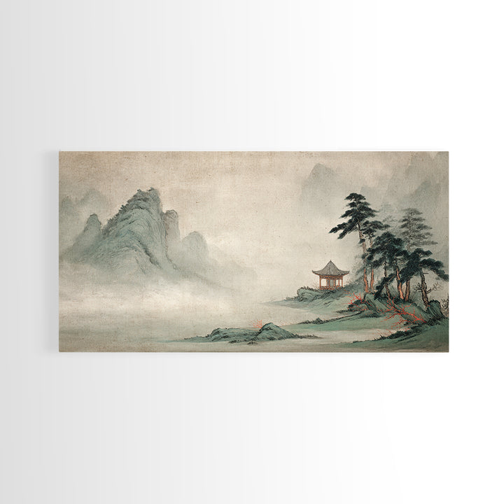 Chinese Mountain Scroll Landscape Framed Canvas Print, Asian Inspired Art, Floral Art, Living Room Decor, Oil Painting, Harmony, ASI-2x1-100