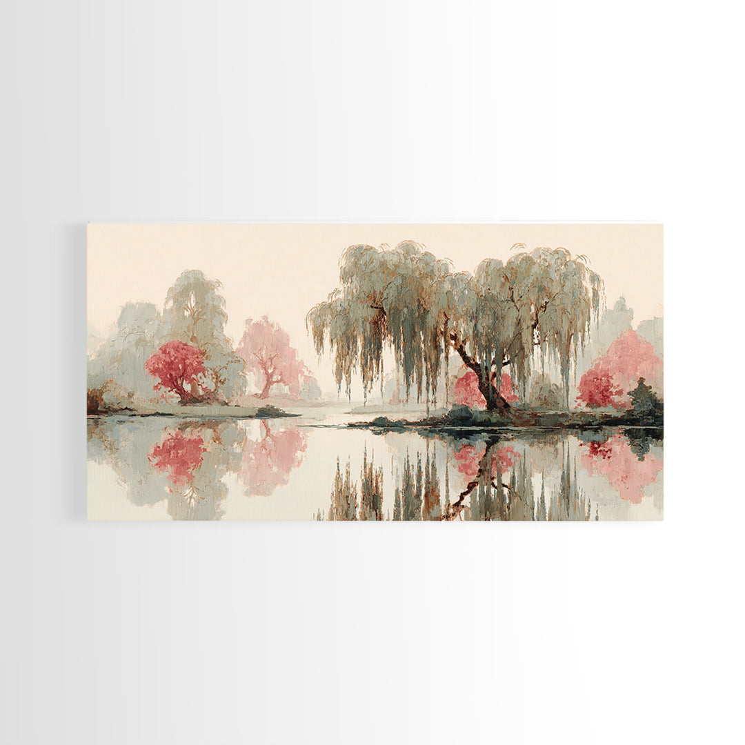 Willow Tree over a Reflective Pond Framed Canvas Print, Asian Inspired Art, Fine Art Print, Living Room Decor, Watercolor Art, ASI-2x1-14