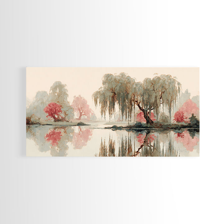 Willow Tree over a Reflective Pond Framed Canvas Print, Asian Inspired Art, Fine Art Print, Living Room Decor, Watercolor Art, ASI-2x1-14