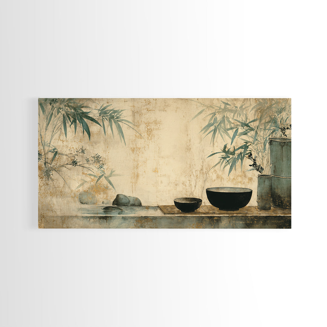 Tea Bowl and Steam Still Life on Framed Canvas Print, Asian Inspired Art, Living Room Decor, Oil Painting, Harmony, ASI-2x1-35