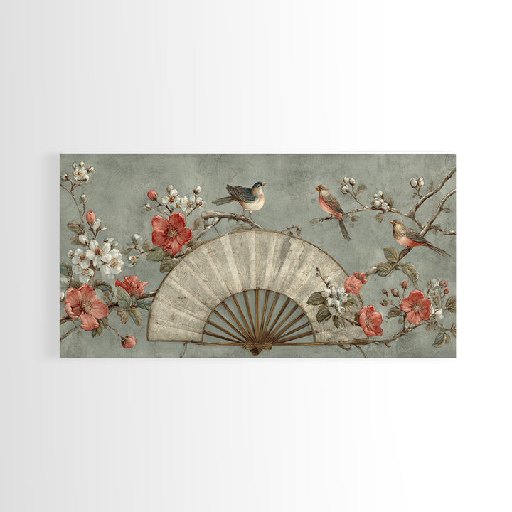 Fan Shaped Composition of Blossoms and Birds Canvas Print, Asian Inspired Art, Minimalist Decor, Living Room Decor, Harmony, ASI-2x1-37