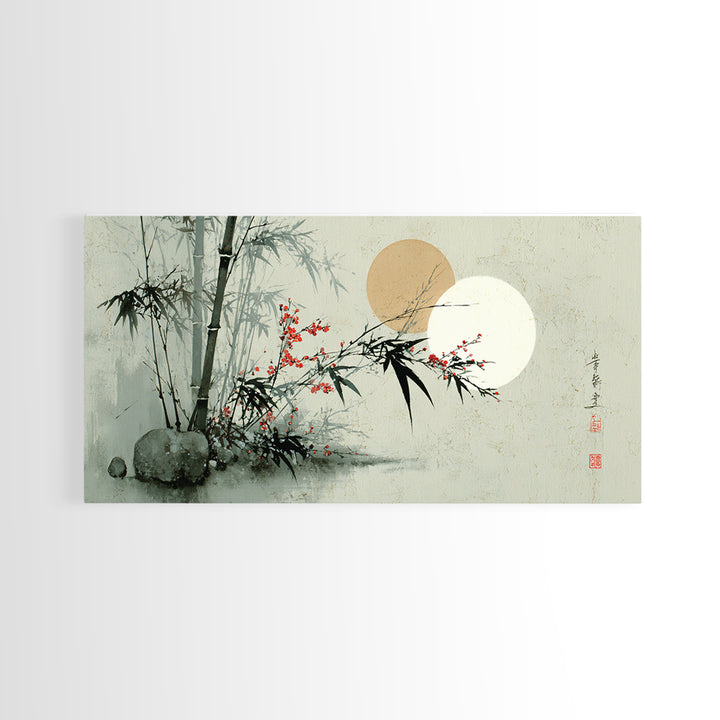 Golden Moon Behind Bamboo Silhouettes Canvas Print, Asian Inspired Art, Art Nouveau, Living Room Decor, Fine Art, Harmony, ASI-2x1-49