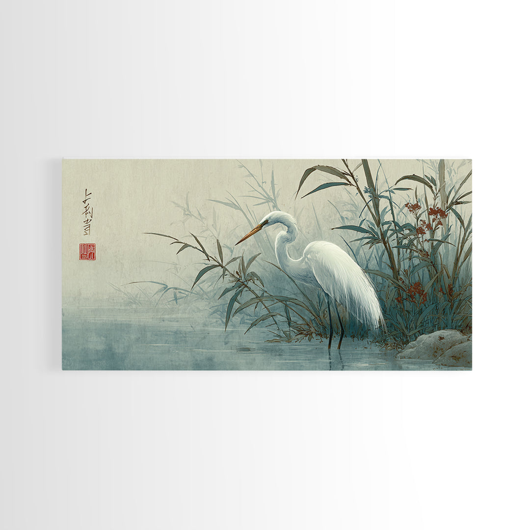 White Heron Standing Canvas Print, Asian Inspired Art, Printable Art, Living Room Decor, Oil Painting, Harmony, ASI-2x1-53