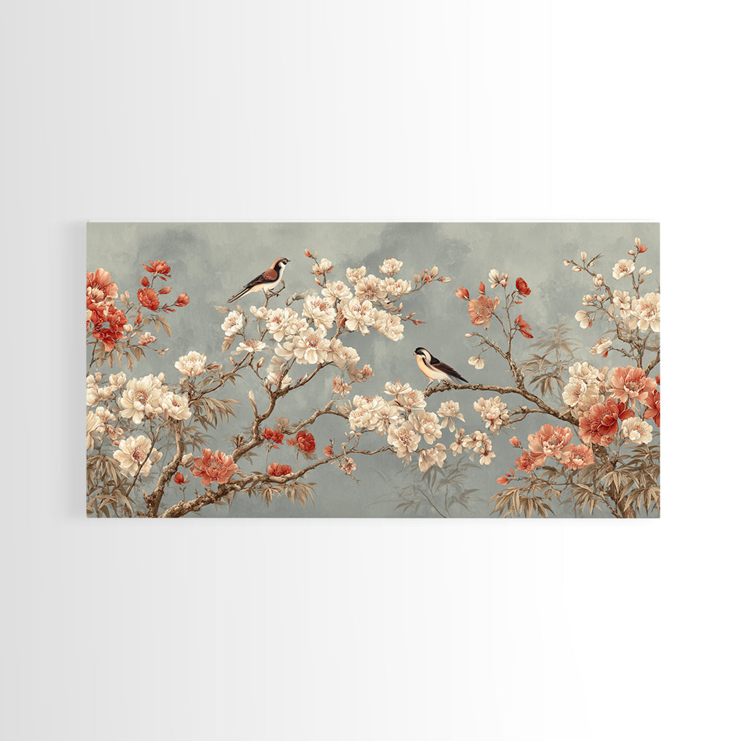 Fan Shaped Composition of Blossoms and Birds Canvas Print, Asian Inspired Art, Digital Art, Living Room Decor, Abstract Art, ASI-2x1-61