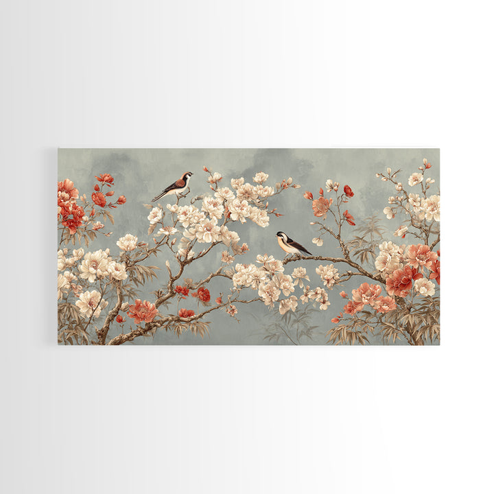 Fan Shaped Composition of Blossoms and Birds Canvas Print, Asian Inspired Art, Digital Art, Living Room Decor, Abstract Art, ASI-2x1-61
