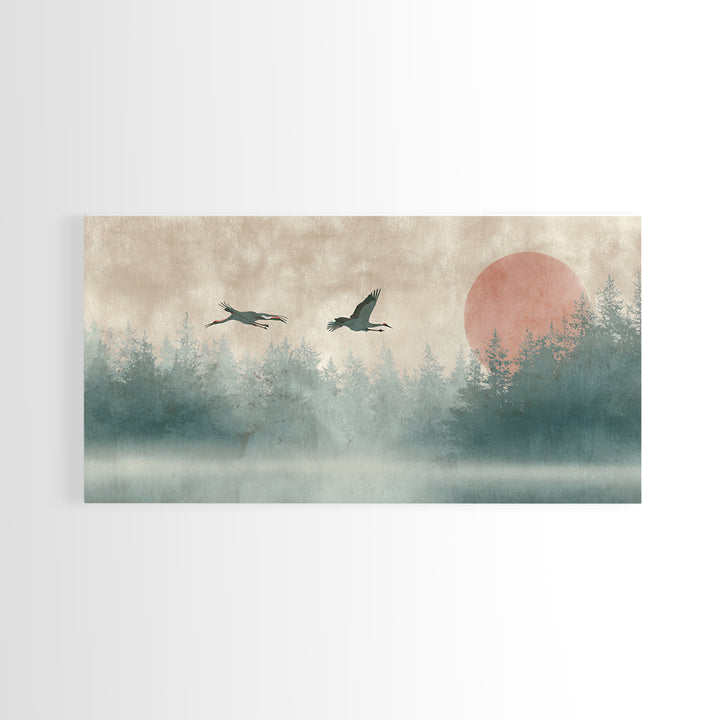 Crane and Moon Composition Canvas Print, Asian Inspired Art, Printable Art, Living Room Decor, Watercolor Art, Harmony, ASI-2x1-68