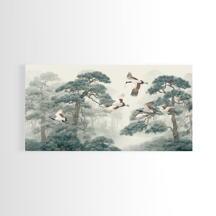 Red Crowned Cranes Flying Through Misty Pine Canvas Print, Asian Inspired Art, Japanese Art, Living Room Decor, Harmony, ASI-2x1-69
