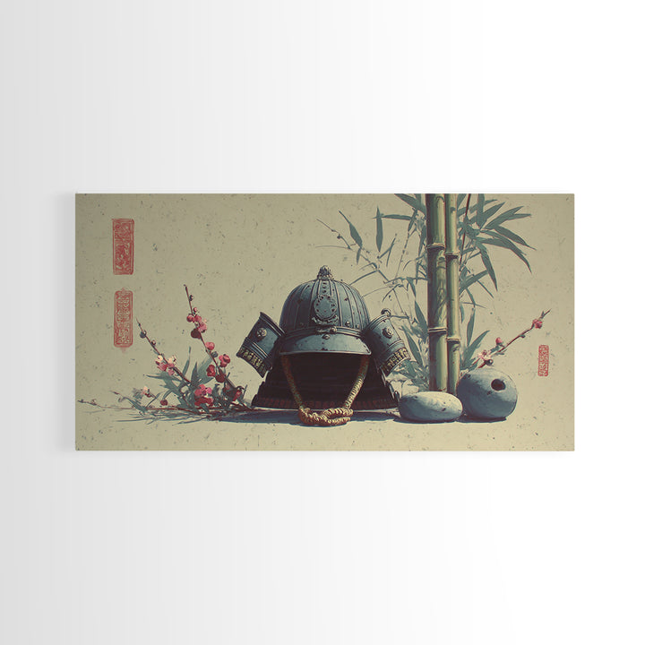 Samurai Helmet Still Life Framed Canvas Print, Asian Inspired Art, Boho Decor, Living Room Decor, Harmony, Digital Art, ASI-2x1-75