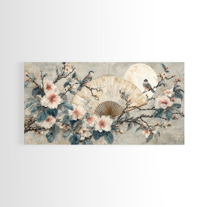 Fan Shaped Composition of Blossoms and Birds Canvas Print, Asian Inspired Art, Unique Wall Art, Living Room Decor, Harmony, ASI-2x1-85