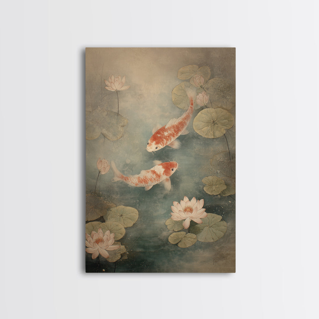 Koi Fish Circling Beneath Floating Lotus Blossoms Canvas Print, Asian Inspired Art, Luxury Decor, Living Room Decor, Harmony, ASI-2x3-10