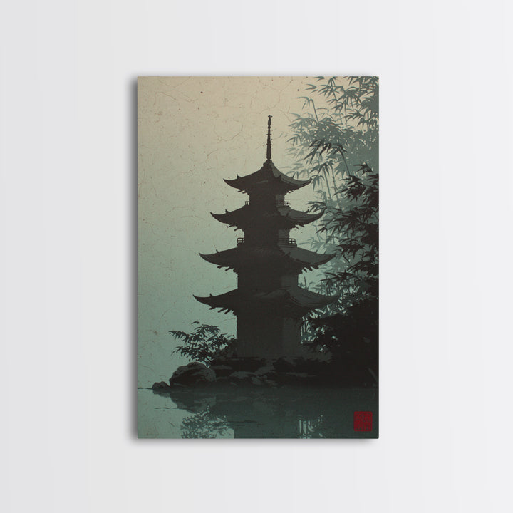 Pagoda Silhouette at Sunset Framed Canvas Print, Asian Inspired Art, Neutral Decor, Living Room Decor, Fine Art, Harmony, ASI-2x3-19