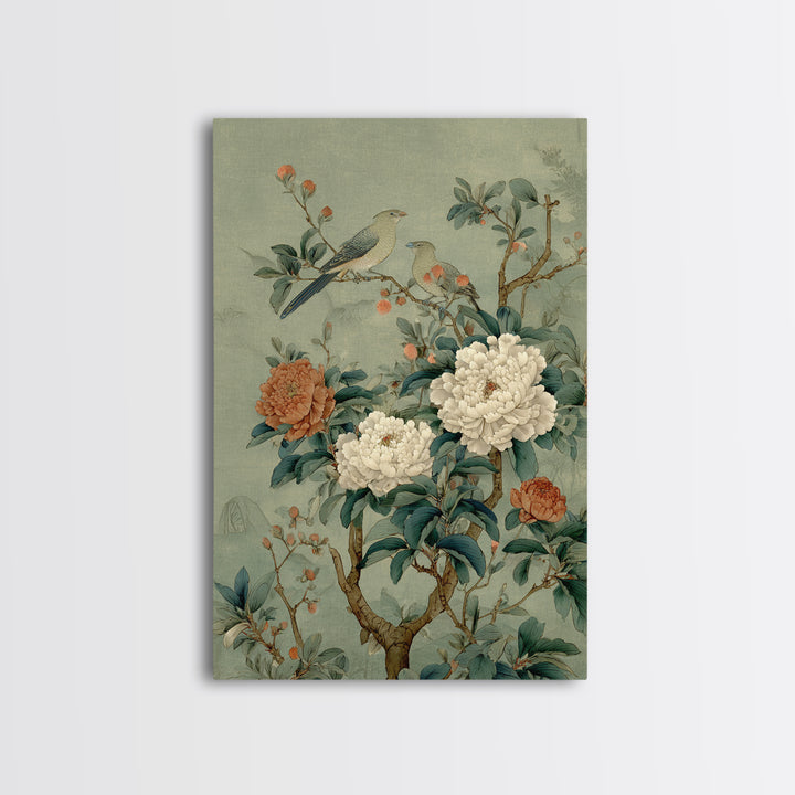 Fan Shaped Composition of Blossoms and Birds Framed Canvas Print, Asian Inspired Art, Wall Art, Living Room Decor, Harmony, ASI-2x3-25