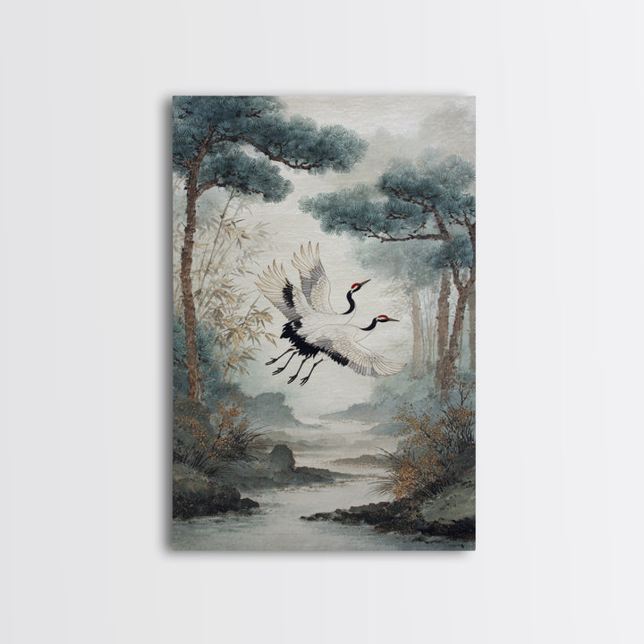 Red Crowned Cranes Flying Through Misty Pine Canvas Print, Asian Inspired Art, Printable Art, Living Room Decor, Harmony, ASI-2x3-33