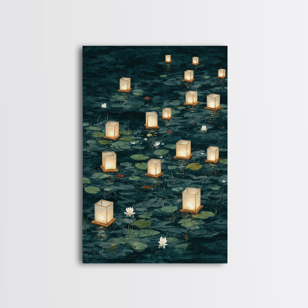 Floating Lanterns over Dark Water with Gentle Canvas Print, Asian Inspired Art, Room Decor, Living Room Decor, Harmony, ASI-2x3-51