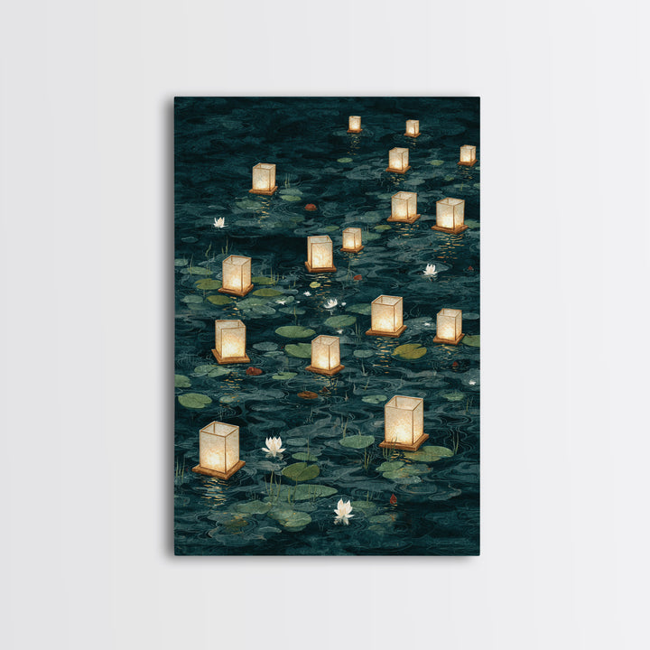 Floating Lanterns over Dark Water with Gentle Canvas Print, Asian Inspired Art, Room Decor, Living Room Decor, Harmony, ASI-2x3-51