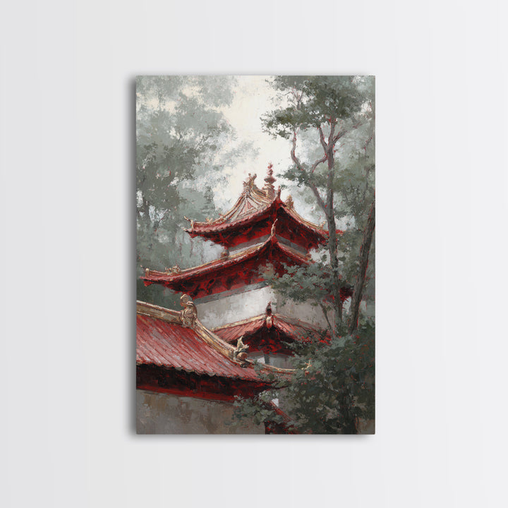 Temple Roof Detail Framed Canvas Print, Asian Inspired Art, Textured Painting, Living Room Decor, Harmony, Unique Wall Art, ASI-2x3-55