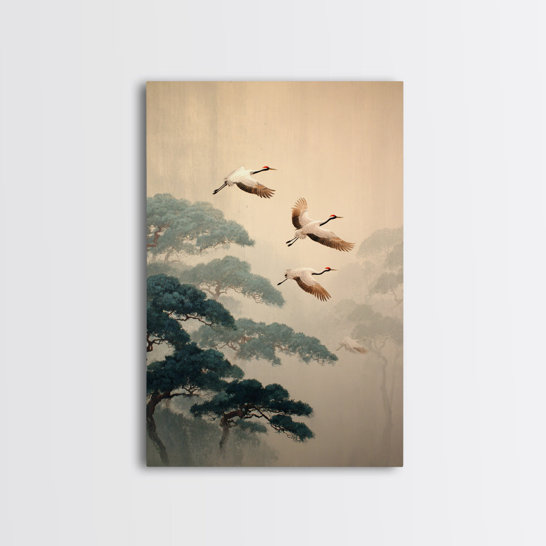 Red Crowned Cranes Flying Through Misty Pine Canvas Print, Asian Inspired Art, Bedroom Wall Decor, Living Room Decor, Harmony, ASI-2x3-57