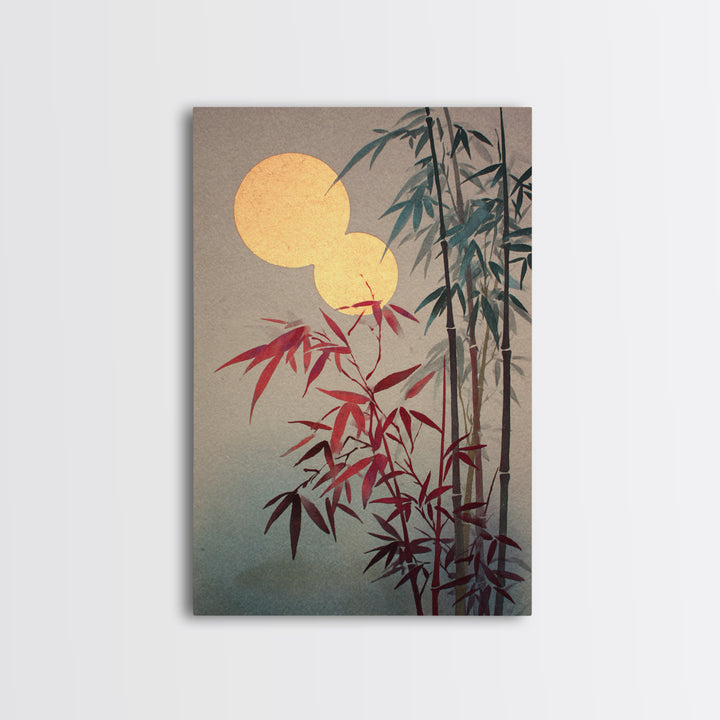 Golden Moon Behind Bamboo Silhouettes Framed Canvas Print, Asian Inspired Art, Japandi Wall Art, Living Room Decor, Harmony, ASI-2x3-85
