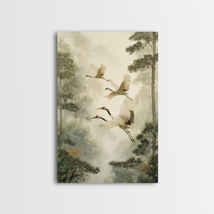 Red Crowned Cranes Flying Through Misty Pine Canvas Print, Asian Inspired Art, Poster, Living Room Decor, Fine Art, Harmony, ASI-2x3-9