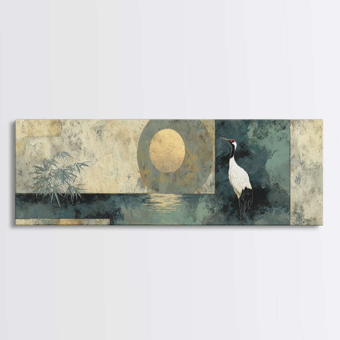 Crane and Moon Composition Canvas Print, Asian Inspired Art, Indian Art, Living Room Decor, Fine Art, Harmony, Neutral Decor, ASI-3x1-16