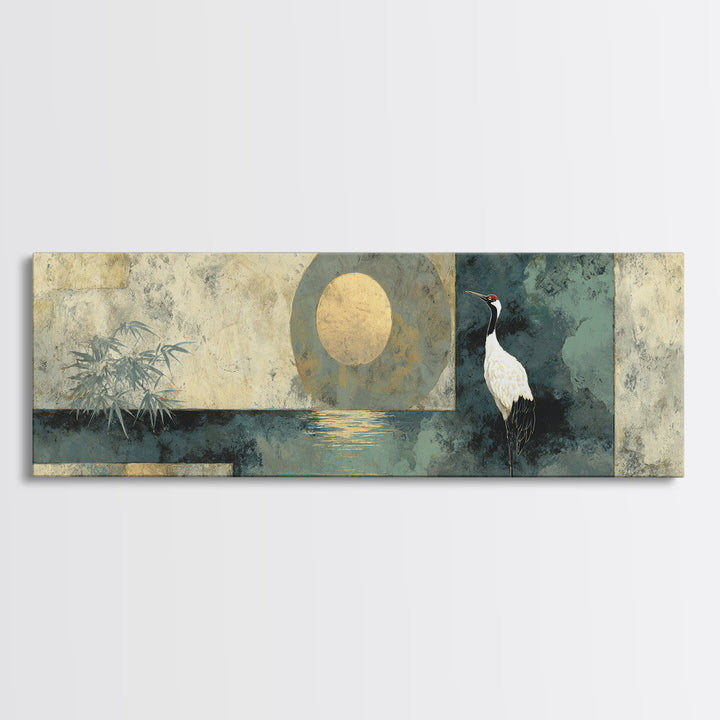 Crane and Moon Composition Canvas Print, Asian Inspired Art, Indian Art, Living Room Decor, Fine Art, Harmony, Neutral Decor, ASI-3x1-16