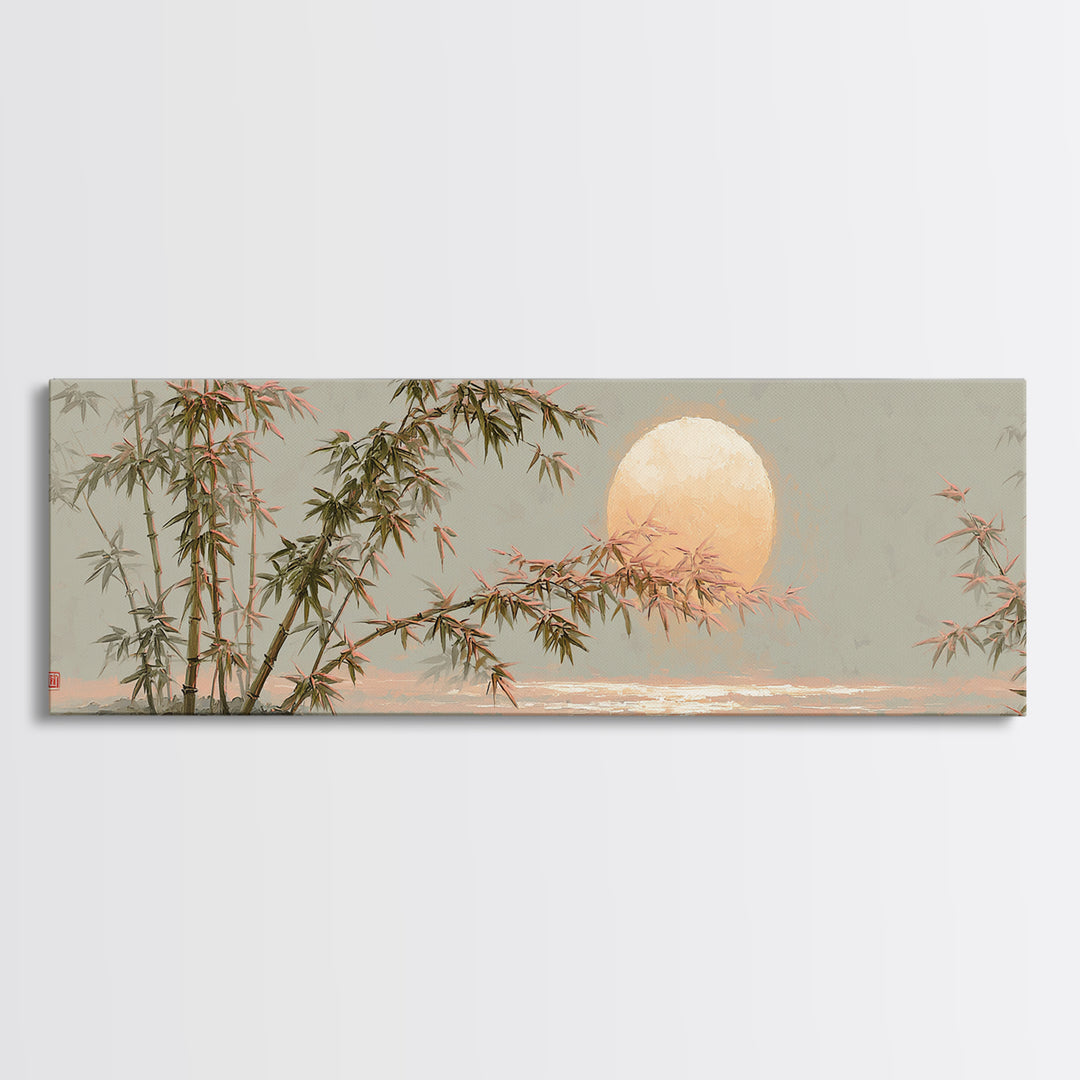 Golden Moon Behind Bamboo Silhouettes Canvas Print, Asian Inspired Art, Dark Academia Art, Living Room Decor, Fine Art, Harmony, ASI-3x1-21
