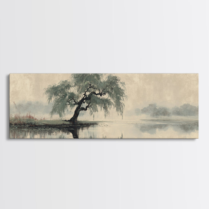 Willow Tree over a Reflective Pond Canvas Print, Asian Inspired Art, Art Nouveau, Living Room Decor, Abstract Art, Harmony, ASI-3x1-34
