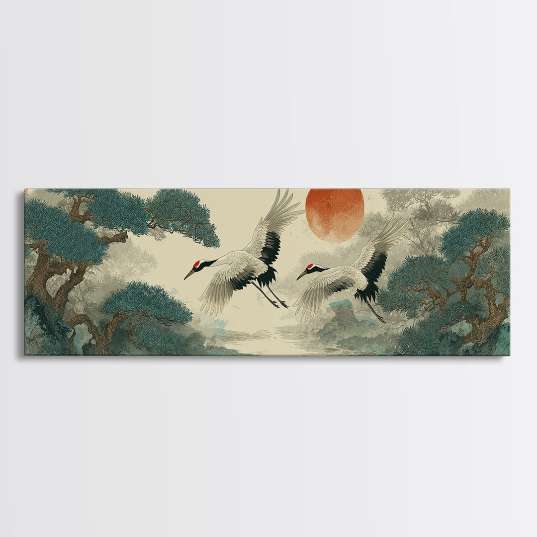 Red Crowned Cranes Flying Through Misty Pine Canvas Print, Asian Inspired Art, Aesthetic Wall Art, Living Room Decor, Harmony, ASI-3x1-41