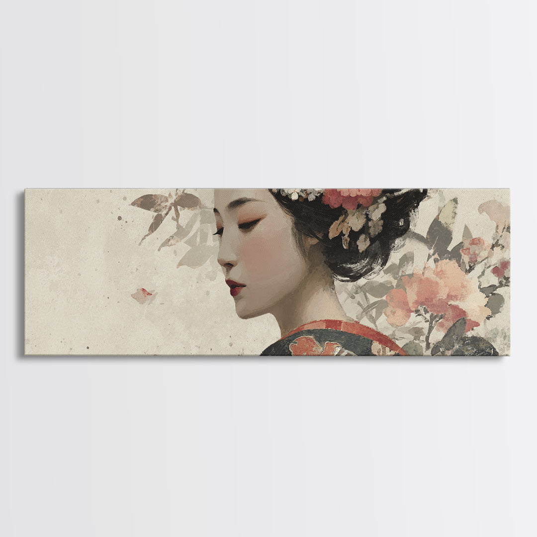 Elegant Geisha Portrait Canvas Print, Asian Inspired Art, Farmhouse Wall Art, Living Room Decor, Harmony, Spiritual Wall Art, ASI-3x1-46