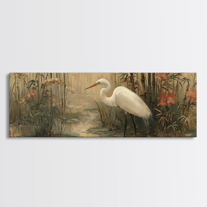 White Heron Standing Canvas Print, Asian Inspired Art, Indian Art, Living Room Decor, Abstract Art, Harmony, Neutral Decor, ASI-3x1-49