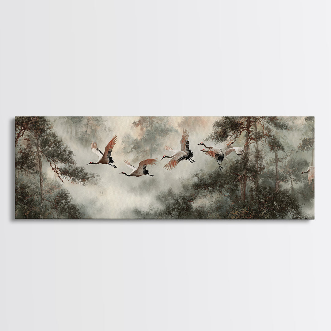 Red Crowned Cranes Flying Through Misty Pine Canvas Print, Asian Inspired Art, Aesthetic Wall Art, Living Room Decor, Harmony, ASI-3x1-65