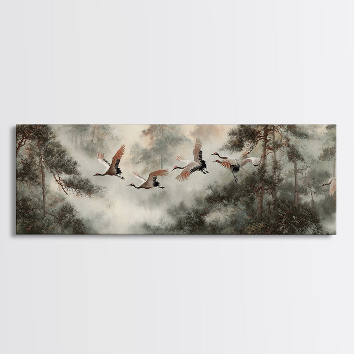 Red Crowned Cranes Flying Through Misty Pine Canvas Print, Asian Inspired Art, Aesthetic Wall Art, Living Room Decor, Harmony, ASI-3x1-65