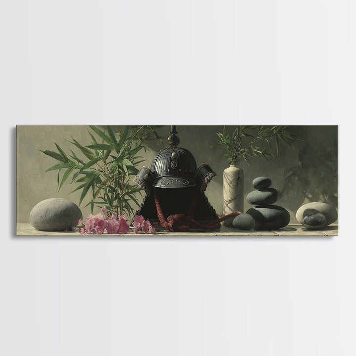 Samurai Helmet Still Life Canvas Print, Asian Inspired Art, Living Room Decor, Fine Art, Harmony, Floral Art, Botanical Print, ASI-3x1-71