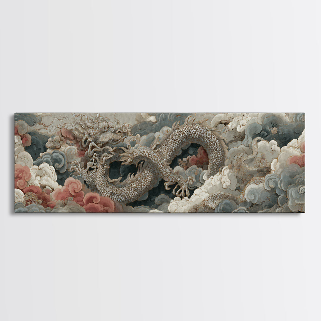 Dragon Curling Through Clouds Framed Canvas Print, Asian Inspired Art, Neutral Wall Art, Living Room Decor, Fine Art, Harmony, ASI-3x1-77