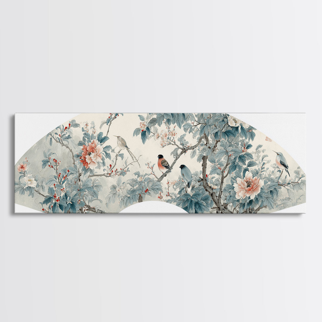 Fan Shaped Composition of Blossoms and Birds Canvas Print, Asian Inspired Art, Floral Art, Living Room Decor, Harmony, ASI-3x1-81
