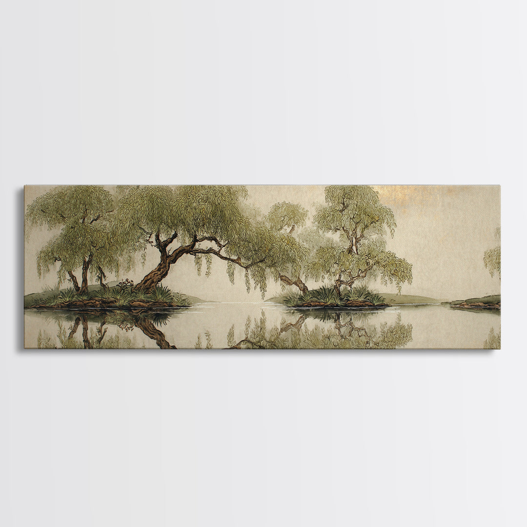 Willow Tree over a Reflective Pond Framed Canvas Print, Asian Inspired Art, Bird Art, Living Room Decor, Fine Art, Harmony, ASI-3x1-82