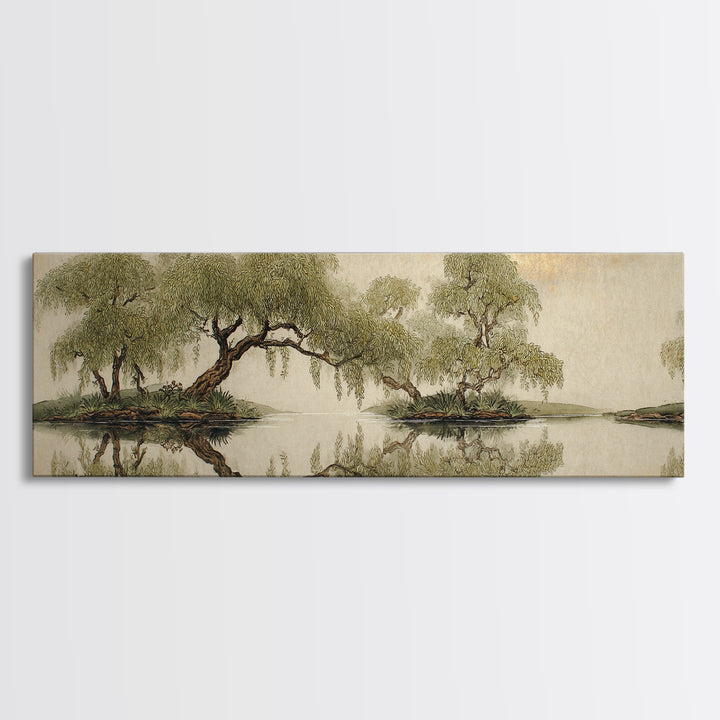 Willow Tree over a Reflective Pond Framed Canvas Print, Asian Inspired Art, Bird Art, Living Room Decor, Fine Art, Harmony, ASI-3x1-82
