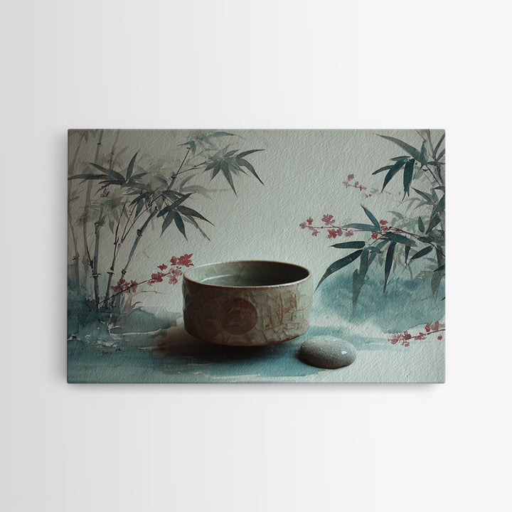 Tea Bowl and Steam Still Life on Framed Canvas Print, Asian Inspired Art, Aesthetic Wall Art, Living Room Decor, Harmony, ASI-3x2-19
