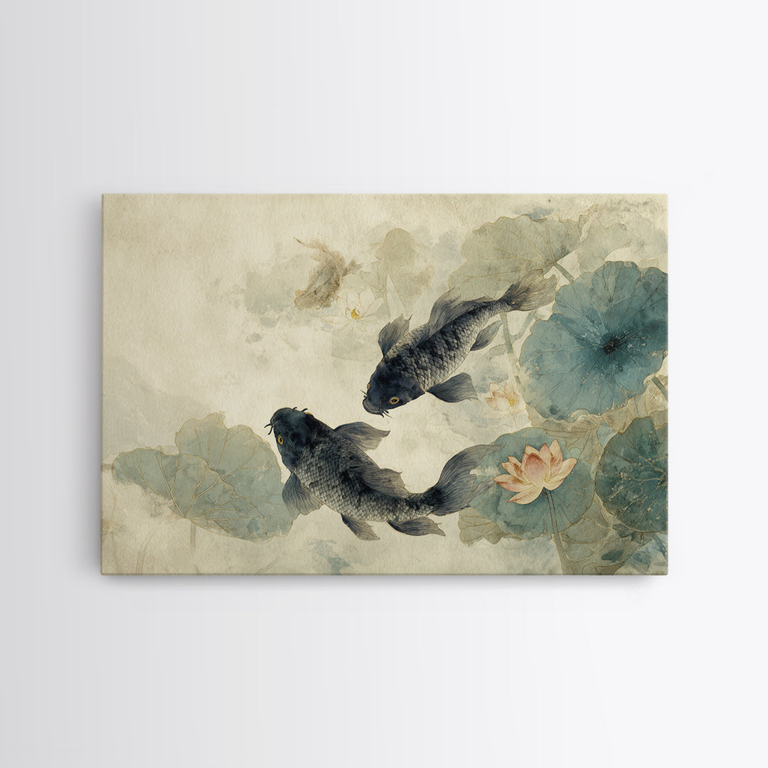 Koi Fish Circling Beneath Floating Lotus Blossoms Canvas Print, Asian Inspired Art, Digital Download Art, Living Room Decor, ASI-3x2-30