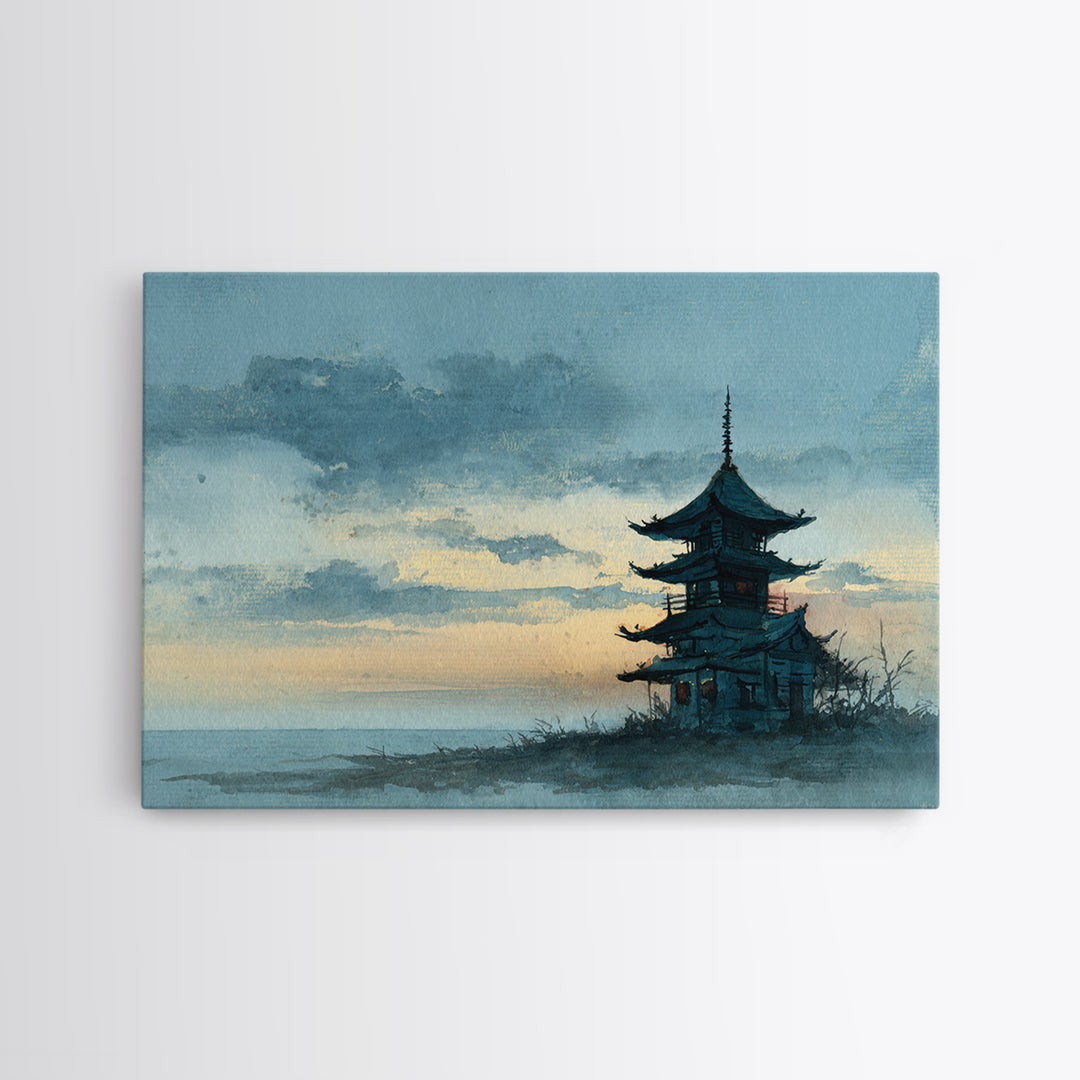 Pagoda Silhouette at Sunset Framed Canvas Print, Asian Inspired Art, Neutral Decor, Living Room Decor, Fine Art, Harmony, ASI-3x2-39