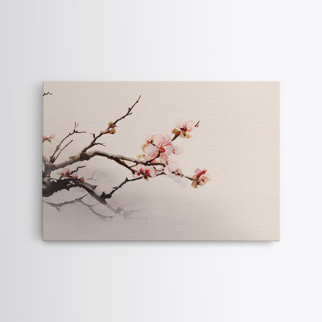 Plum Blossom Branch Painted Framed Canvas Print, Asian Inspired Art, Indian Art, Living Room Decor, Watercolor Art, Harmony, ASI-3x2-40
