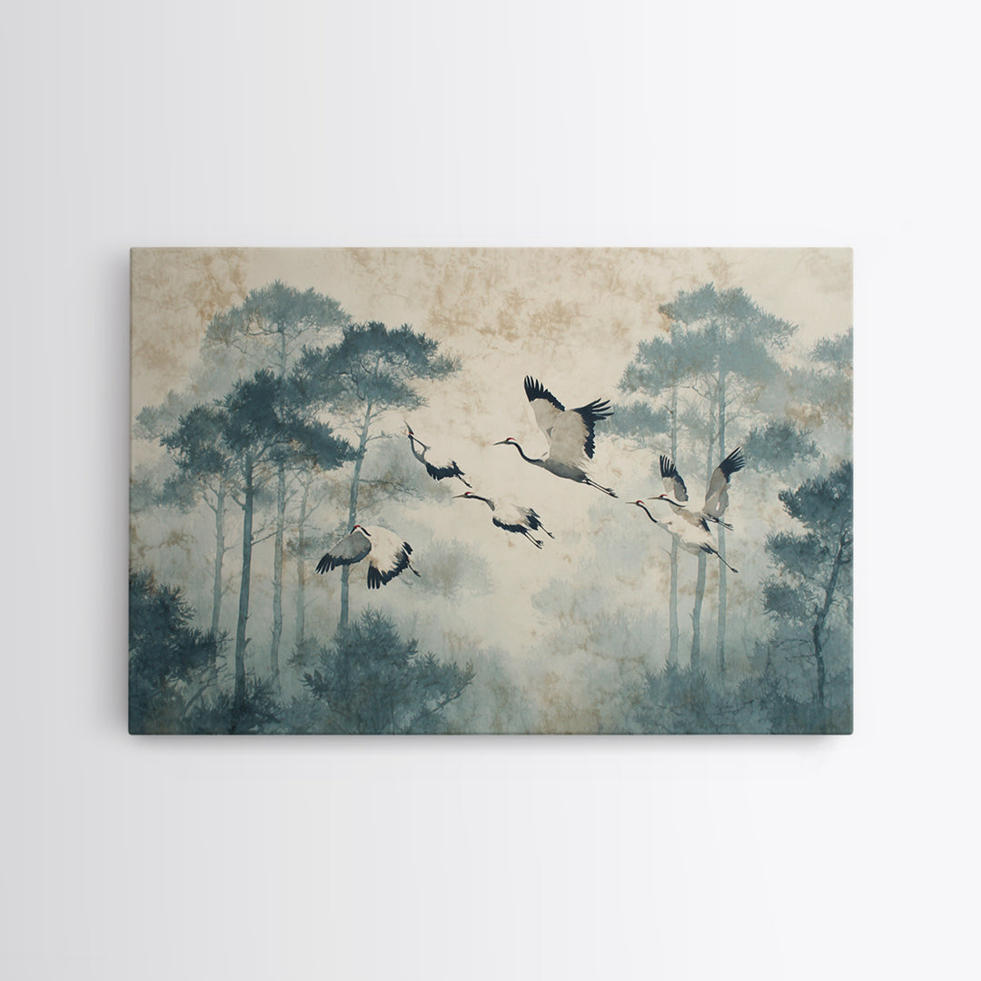 Red Crowned Cranes Flying Through Misty Pine Framed Canvas Print, Asian Inspired Art, Indian Art, Living Room Decor, Harmony, ASI-3x2-5